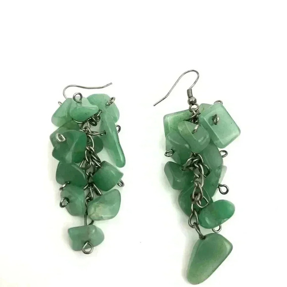 Natural Green Quartz Cluster Earrings Silver Tone Metal Hook Style Jewelry Boho - Picture 4 of 9
